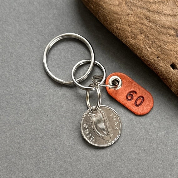 60th birthday gift, 1964 Irish shilling key chain, key ring or clip, a gift from Ireland for a man or woman