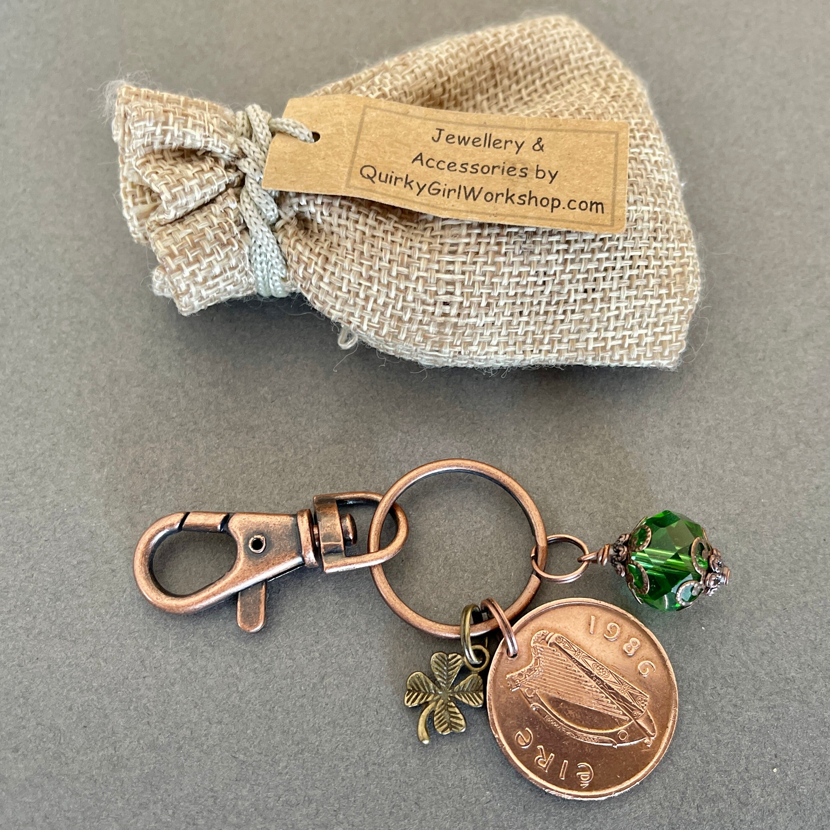 Irish lucky coin bag clip, choose coin year, Celtic good luck charm