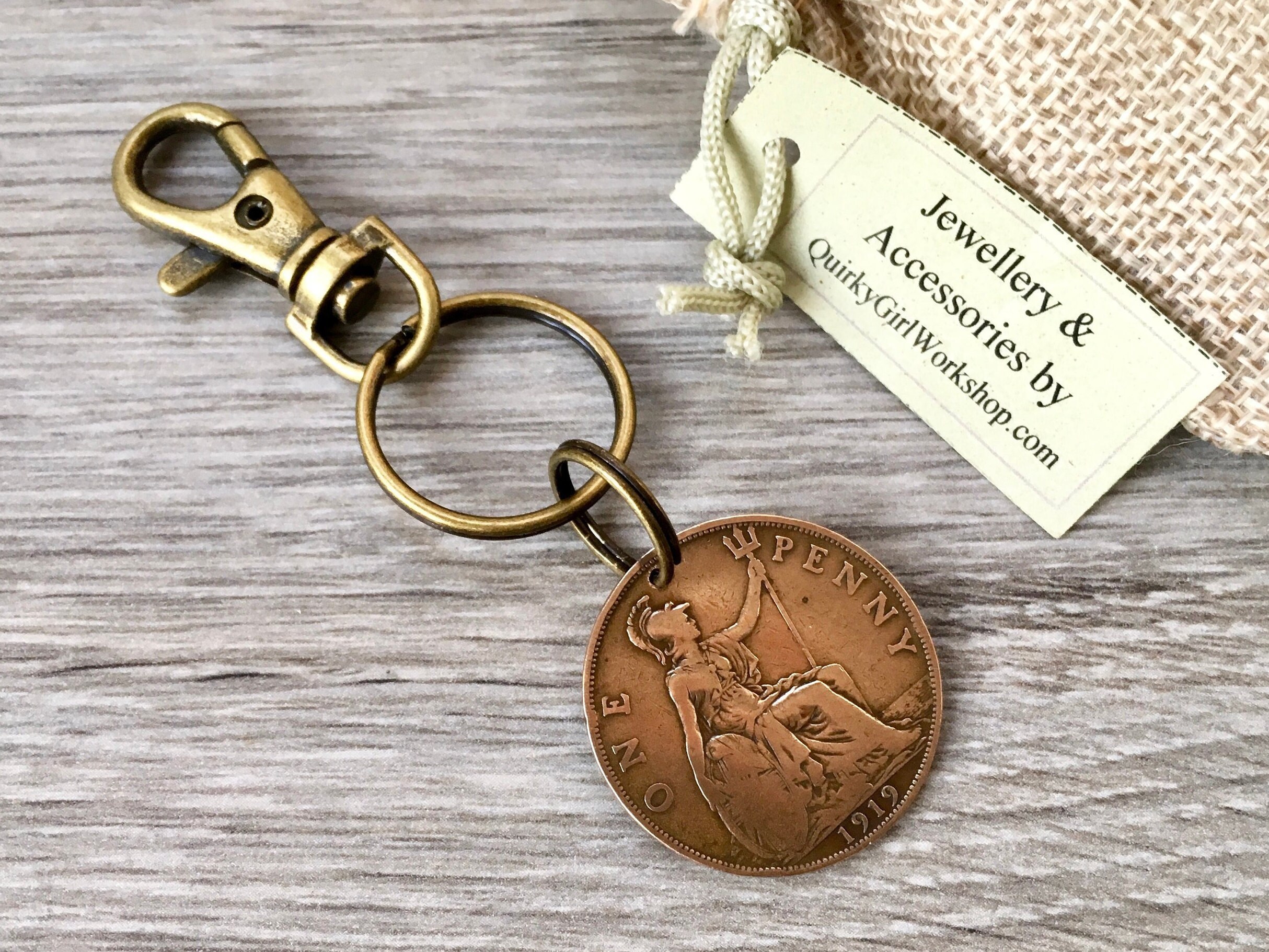 1919 English penny keyring, UK vintage 102 year old coin keychain