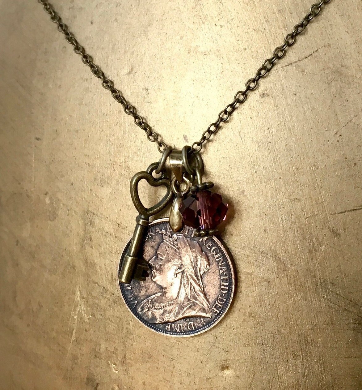 Victorian 1898 coin necklace, British farthing pendant, English jewellery charm necklace. 19th