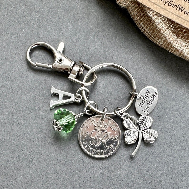 75th birthday gift, 1949 sixpence charm birthstone gift, charm bag clip, personalised gift, choose initial and birthstone colour image 1