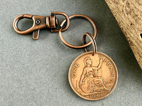 80th birthday gift, 1944 British big penny key ring clip, Lucky U.K. penny, a perfect 80th birthday gift for someone born in 1944