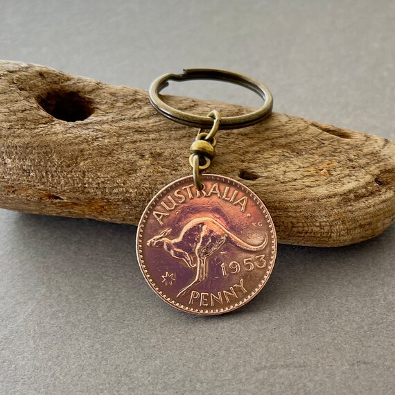 1953 Australian kangaroo penny keychain, a perfect gift for a 71st birthday or anniversary