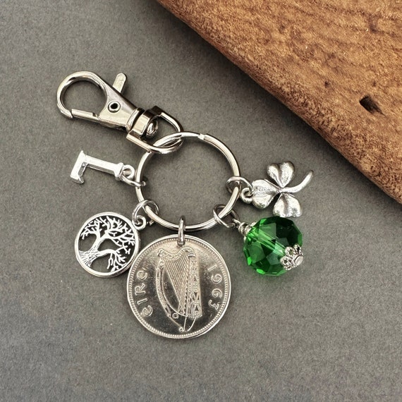 1963 Irish shilling bag charm, shamrock lucky purse charm, a perfect 61st birthday present or Anniversary gift