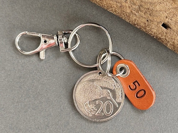 50th birthday gift, 1973 or 1974 New Zealand 20 cent coin key ring, Anniversary present, kiwi coin