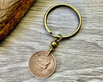 Farthing keyring, 1937 1938, 1939 or 1940 British bird coin, choose coin year, English wren, UK present for a man or woman