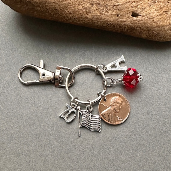 70th birthday gift, 1954 USA one cent coin bag clip charm, choice of initial and birthstone colour charm, 70th anniversary gift woman