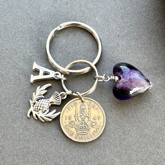 Scottish shilling and thistle charm key ring, choose initial and coin year for a thoughtful personalised birthday or anniversary gift