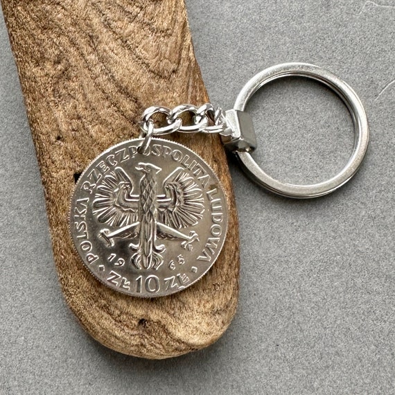 1965 polish coin keyring, 10 zlotych keychain, a coin minted to celebrate 700th Anniversary of Warsaw Poland