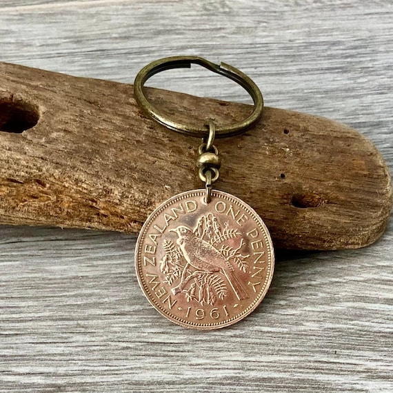 New Zealand coin keyring, 1961 penny keychain, Tui bird coin, a perfect birthday or anniversary gift