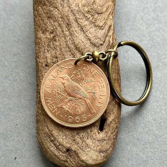 1965 New Zealand penny keyring, keychain, or clip, NZ Tui bird coin a perfect 59th birthday or anniversary gift