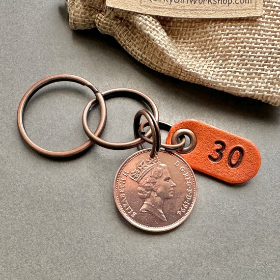 30th birthday or anniversary gift, 1994 British two pence coin key chain, key ring or clip, a great gift for a man or woman