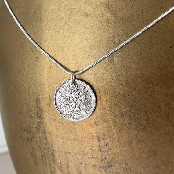 1961 sixpence necklace, a perfect 63rd birthday gift, British coin pendant on a silver plated chain, comes in a luxury gift box