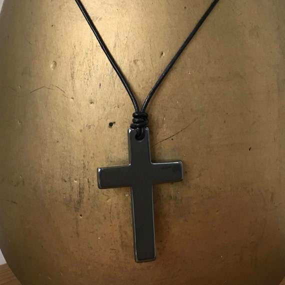 Large Hematite Cross Necklace Choose Between Black Leather Or Cotton Cord Long Pendant - Black Hematite Cross Pendant Large Hematite Cross Necklace Choose Between Black Leather Or Cotton Cord Long Pendant - Black Hematite Cross Pendant