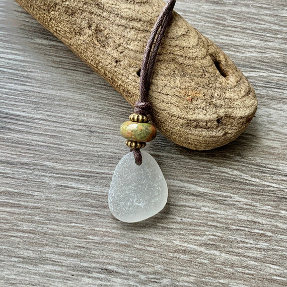 Sea glass pendant, beach glass necklace, unakite gemstone vegan jewellery, natural, recycled, adjustable waxed cotton cord