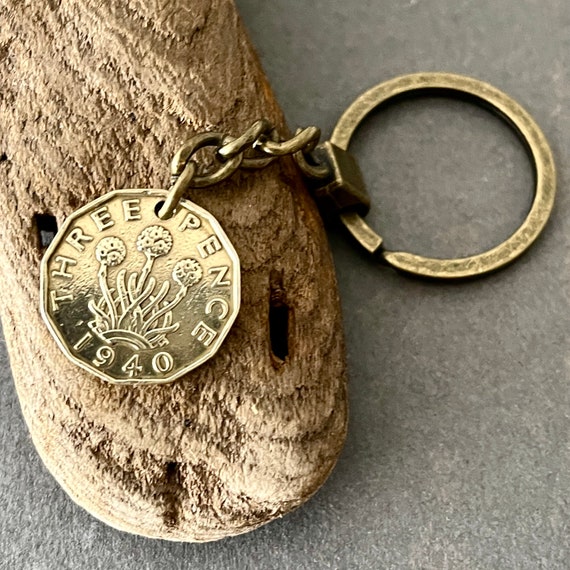 1940 Threepence keyring, a perfect 84th birthday gift, British coin clip, lucky bag charm, UK English present for a man or woman