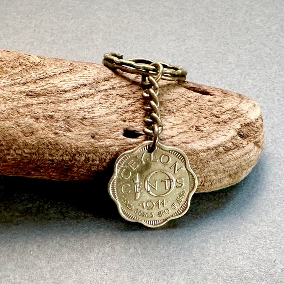 80th birthday gift, 1944 coin from Ceylon handmade into a Keyring Or clip