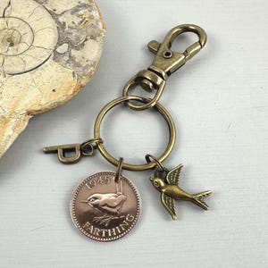 1945 Farthing charm clip style keyring, choose initial 80th birthday gift, wren coin keyring, bird lover gift