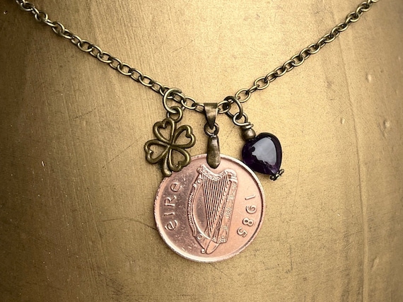 Irish coin and amethyst heart necklace, Available in years 1980, 1982, 1985, 1986 or 1988 choose coin year for a perfect gift