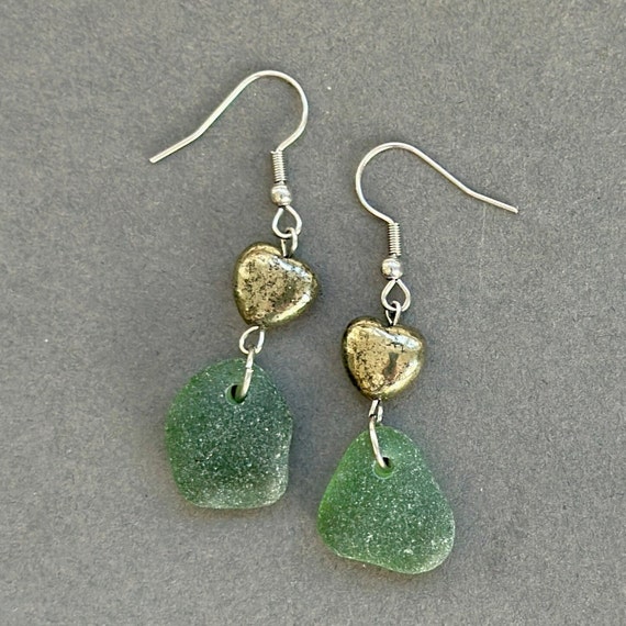 Green sea glass earring with iron pyrite hearts,, beach glass, natural jewellery, unusual gemstone gift, Cornwall  sea glass, recycled glass