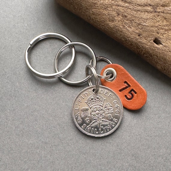 75th birthday gift 1949 British florin key chain, Key ring or clip, UK two shilling coin with a leather number 75 tag