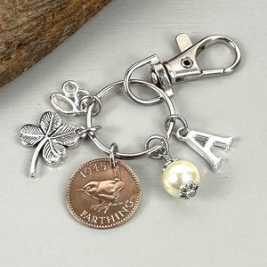 80th birthday gift, a 1945 wren farthing birthstone charm bag clip, choose initial and birthstone, 1945 British farthing