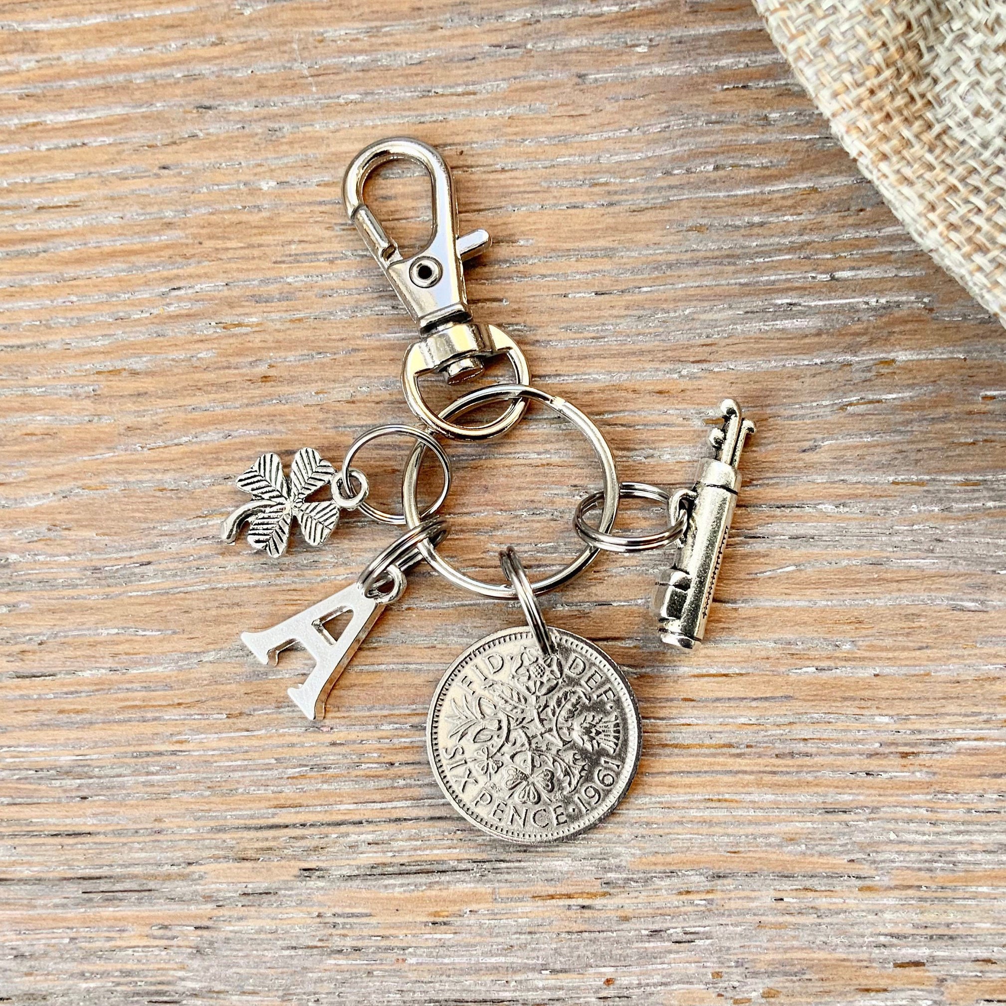 Lucky golf charm sixpence bag clip, choose initial and coin year for a ...