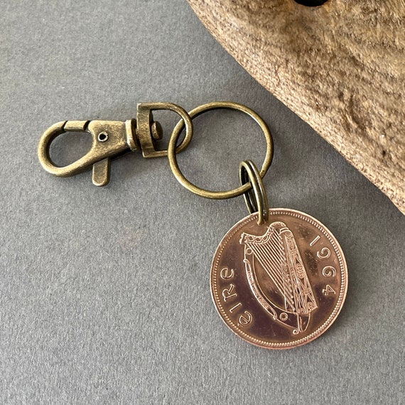 60th birthday Gift, 1964 Irish penny keyring clip, big bronze penny, perfect for a 60th anniversary gift, or as a lucky Irish penny