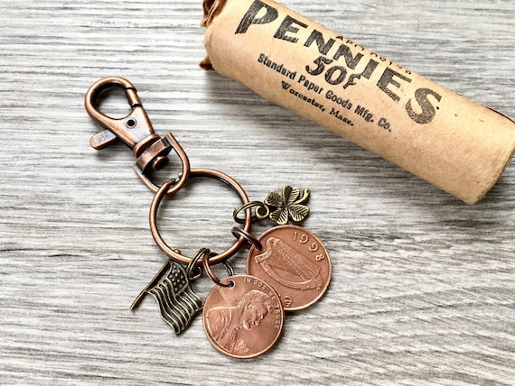 Irish American keyring, Keychain or clip, an Irish penny and a USA penny, choose coin year