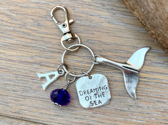 Whale tail or mermaids tail birthstone charm and initial gift, bag charm or purse clip, zipper charm