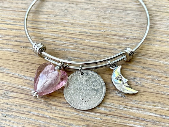 Lucky sixpence bracelet, stainless steel bangle, 1953 - 1967 choose coin year for a perfect birthday gift or anniversary present