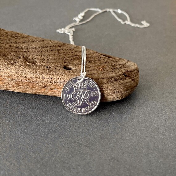 1950 British lucky sixpence necklace on a sterling silver chain, with a choice of chain length