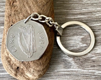 1981 Irish fifty pence coin keyring, Ireland keychain, Eire bag charm, perfect for a 43rd  birthday or anniversary gift