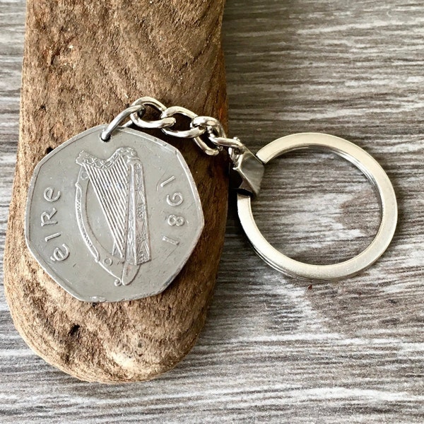 1981 Irish fifty pence coin keyring, Ireland keychain, Eire bag charm, perfect for a 43rd  birthday or anniversary gift