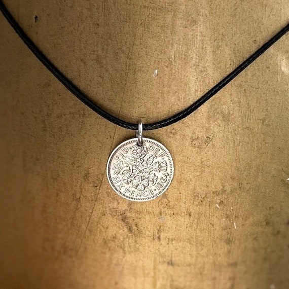 1964 sixpence necklace with an adjustable black Korean cord, lucky coin pendant, great for a 60th anniversary or birthday gift,