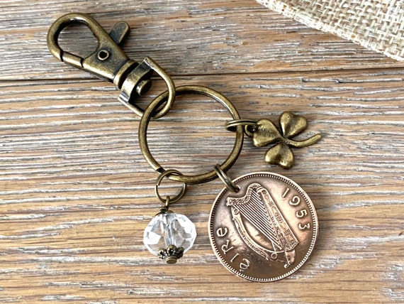 1953 Irish halfpenny coin charm clip, a perfect 71st birthday or anniversary gift