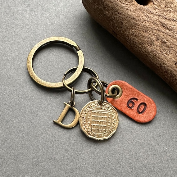 60th birthday gift with a choice of initial charm, 1964 British brass threepence coin keychain, keyring or clip