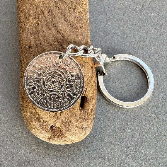 1961 British Florin keyring, two shilling key chain, perfect for a 63rd birthday or anniversary gift