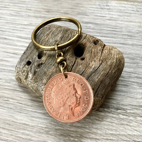 British two pence coin keyring, keychain or clip, 2003, 2004 or 2005 choose coin year for a perfect birthday or anniversary gift