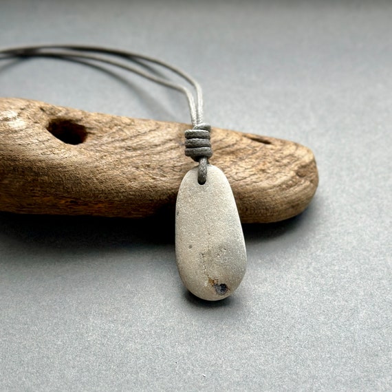 Natural beach pebble pendant, Cornish raw stone unisex necklace with grey cotton cord, boho, bohemian jewellery