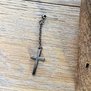 Long Gunmetal Grey Cross Dangle Earring, single or pair