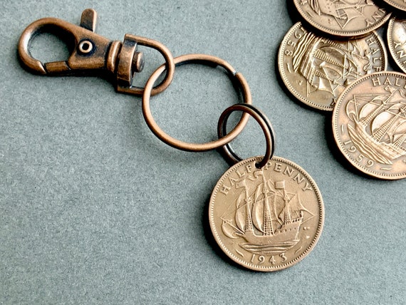 1943 British half penny coin key ring bag clip a perfect 81st birthday gift, handmade using a genuine halfpenny coin from the U.K.