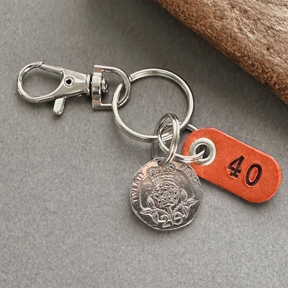 40th birthday or anniversary gift, 1984 British twenty pence 20p coin Keyring clip, with a handmade leather number 40 tag