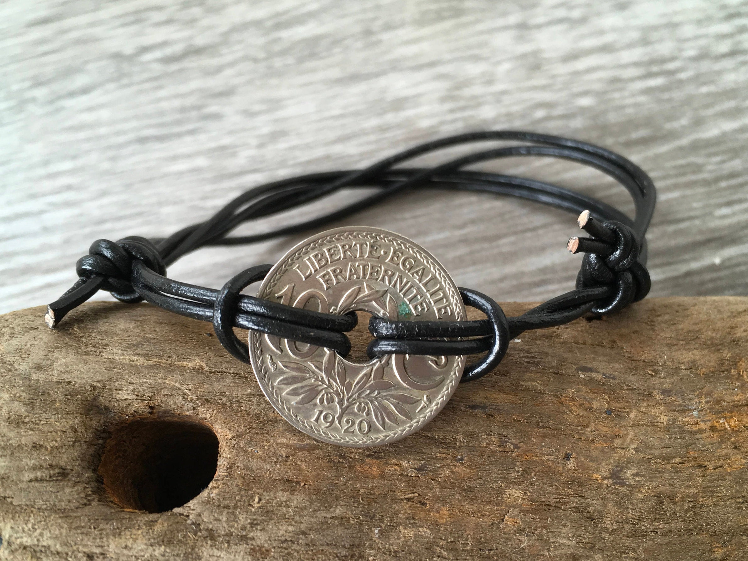 Mens leather bracelet, French coin friendship bracelet for a man, guys
