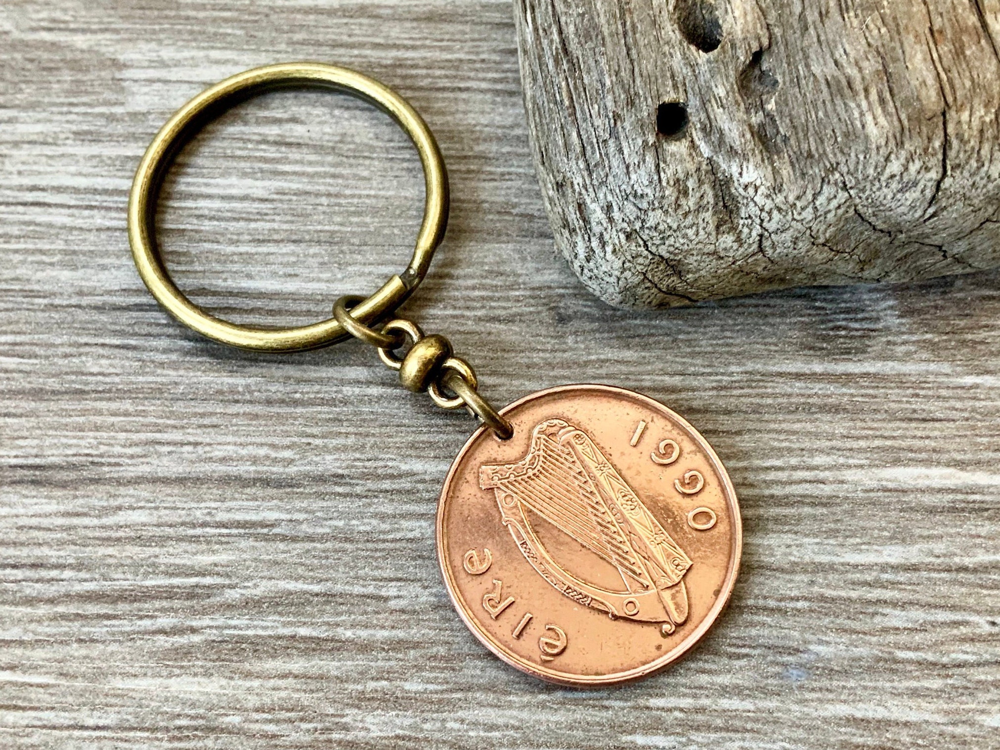 Irish present for him, 1990 Celtic coin keyring, Eire keychain, key fob