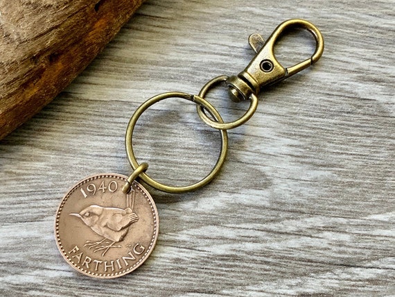 1940 Wren Farthing keyring, UK coin keychain, English bird, British present for a man or woman