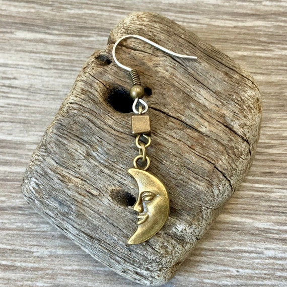 Moon dangle earring, available as a single earring or a pair of earrings, antique bronze tone moon with stainless steel ear wires