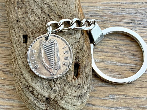 1958 Irish sixpence keychain, keyring or clip, Irish wolfhound coin, a perfect 64th birthday gift