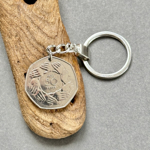 1973 ring of hands UK 50p coin keyring, keychain, or clip, British fifty pence coin, 51st birthday or anniversary gift
