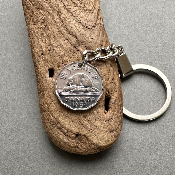 1954 Canadian coin key chain Canada 5 Cent key ring, beaver nickel, 70th birthday or anniversary gift,